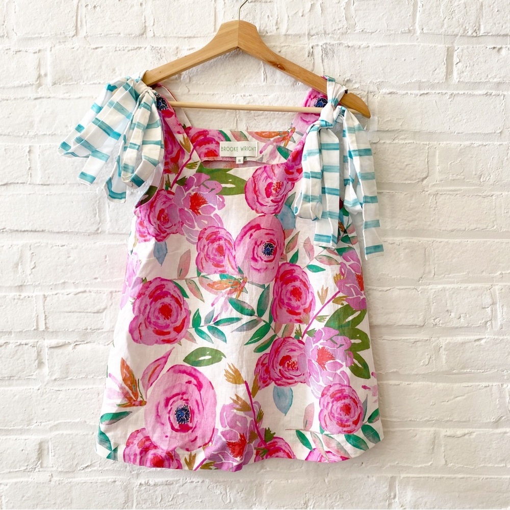 Brooke Wright Designs || Tie Shoulder Floral Top Contrast Tank Pink XS‎